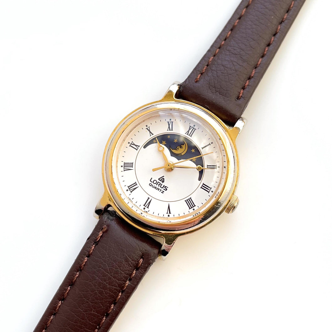 Vintage Ladies' Gold-Plated Lorus Sun & Moon Quartz Watch with Brown Leather Strap