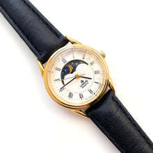 Load image into Gallery viewer, Vintage Ladies&#39; Gold-Plated Lorus Sun &amp; Moon Quartz Watch with Black Leather Strap
