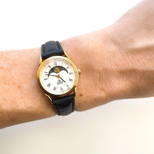 Load image into Gallery viewer, Vintage Ladies&#39; Gold-Plated Lorus Sun &amp; Moon Quartz Watch with Black Leather Strap
