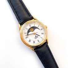 Load image into Gallery viewer, Vintage Ladies&#39; Gold-Plated Lorus Sun &amp; Moon Quartz Watch with Black Leather Strap
