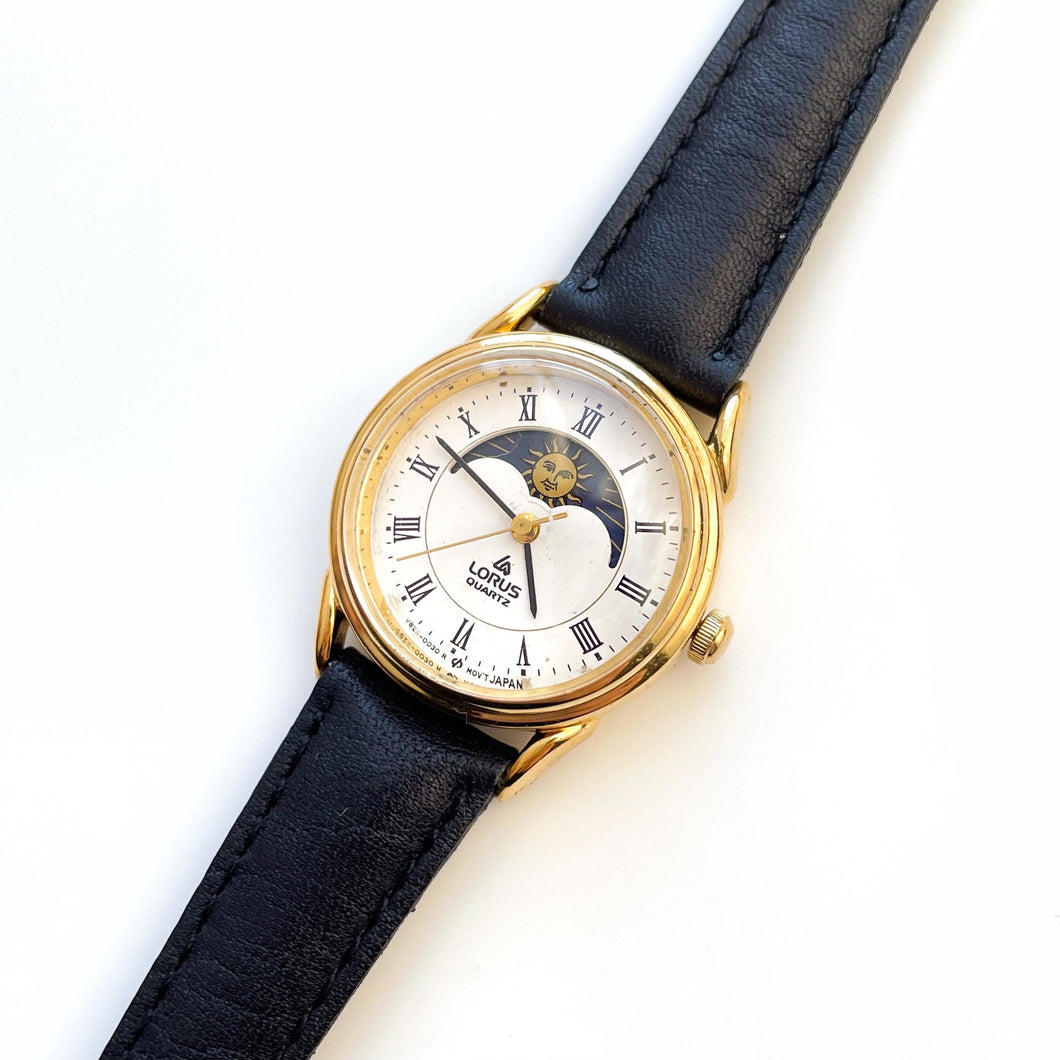 Vintage Ladies' Gold-Plated Lorus Sun & Moon Quartz Watch with Black Leather Strap