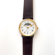 Load image into Gallery viewer, Vintage Unisex Gold-Tone Moon Phase Quartz Watch With Dark Brown Leather Strap
