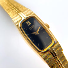 Load image into Gallery viewer, Tiny Vintage Gold-Plated Ladies&#39; Seiko Quartz Watch with Black Rectangular Dial
