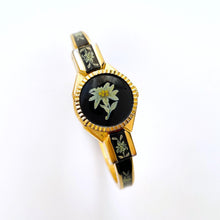 Load image into Gallery viewer, Vintage André Mouche Quartz Watch with Black and Green Enamel Floral Design, Concealed Dial and Gold-Plated Bangle Bracelet
