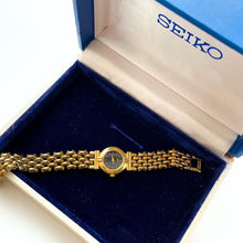 Load image into Gallery viewer, Vintage 1990s Gold-Plated Ladies&#39; Seiko Quartz Watch with Tiny Black Dial - Boxed
