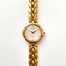 Load image into Gallery viewer, Rare 90s Gold-Plated Seiko Exceline Jewellery Quartz Watch with Round Dial, Intricate Bracelet and 6 Diamonds
