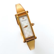 Load image into Gallery viewer, Vintage 00s Ladies&#39; Gold-Plated Gucci 1500L Bangle Quartz Watch with Rectangular Mother of Pearl Dial
