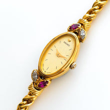 Load image into Gallery viewer, Very Rare 90s Gold-Plated Seiko Jewellery Quartz Watch with Tiny Dial, Thin Bracelet 2 Rubies and 2 Diamonds
