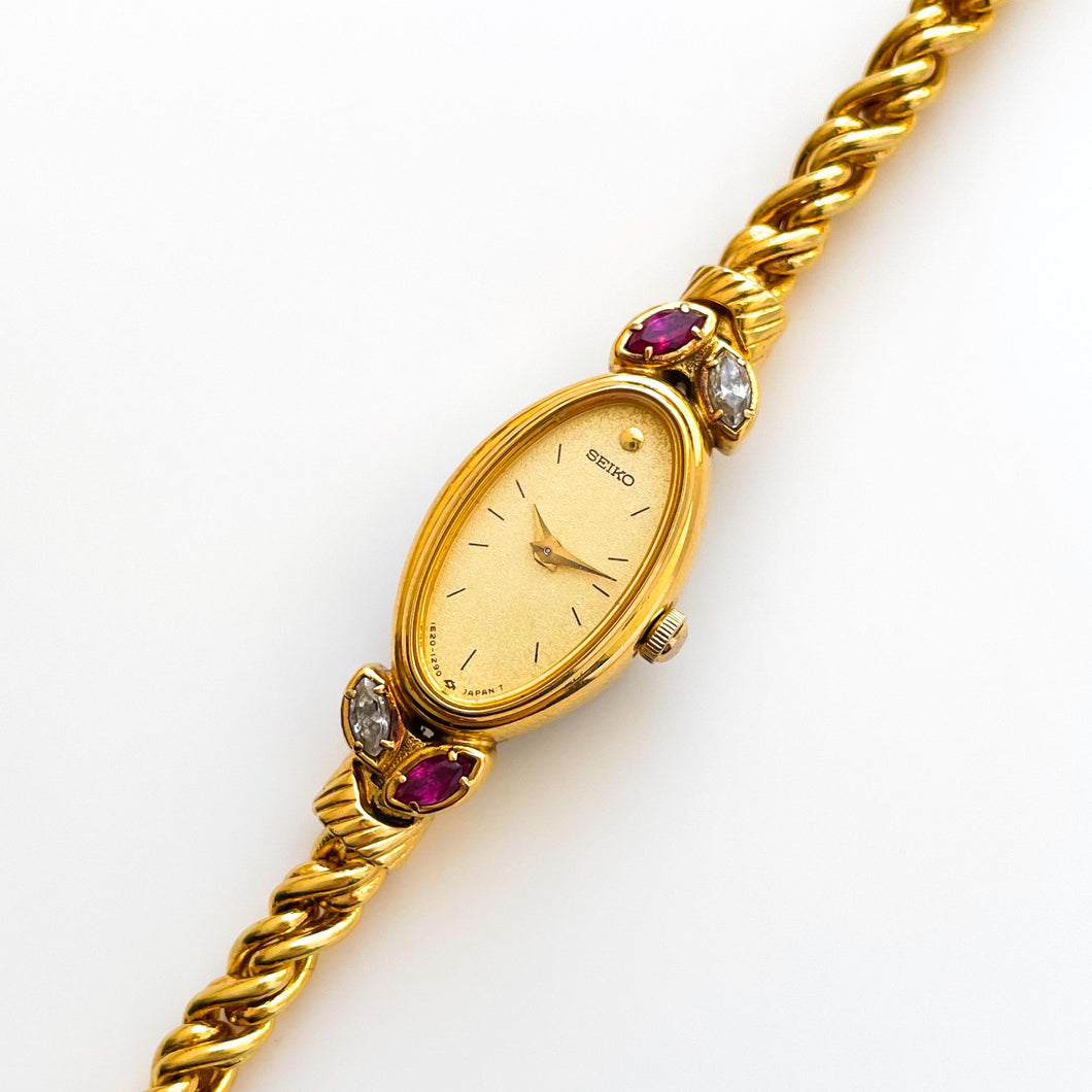 Very Rare 90s Gold-Plated Seiko Jewellery Quartz Watch with Tiny Dial, Thin Bracelet 2 Rubies and 2 Diamonds