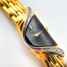 Load image into Gallery viewer, Extremely Rare Vintage 1990s 18ct Gold-Plated Ladies&#39; Seiko Half Moon Quartz Watch With Black Asymmetrical Dial and Genuine Diamonds
