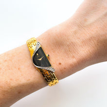 Load image into Gallery viewer, Extremely Rare Vintage 1990s 18ct Gold-Plated Ladies&#39; Seiko Half Moon Quartz Watch With Black Asymmetrical Dial and Genuine Diamonds
