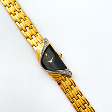 Load image into Gallery viewer, Extremely Rare Vintage 1990s 18ct Gold-Plated Ladies&#39; Seiko Half Moon Quartz Watch With Black Asymmetrical Dial and Genuine Diamonds
