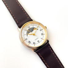 Load image into Gallery viewer, Vintage Unisex Gold-Tone Moon Phase Quartz Watch With Dark Brown Leather Strap
