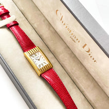 Load image into Gallery viewer, Vintage Christian Dior Gold-Plated Ladies&#39; Quartz Watch with Red Leather Strap and Rectangular Tank Dial - Boxed
