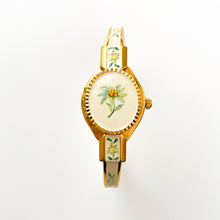 Load image into Gallery viewer, Vintage André Mouche Quartz Watch with Enamel Floral Design, Concealed Dial and Gold-Plated Bangle Bracelet
