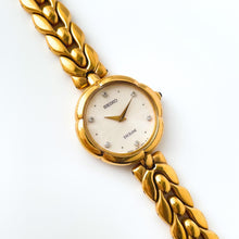 Load image into Gallery viewer, Rare 90s Gold-Plated Seiko Exceline Jewellery Quartz Watch with Round Dial, Intricate Bracelet and 6 Diamonds
