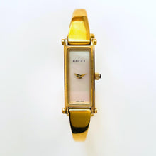 Load image into Gallery viewer, Vintage 1990s Ladies&#39; Gold-Plated Gucci 1500L Bangle Quartz Watch with Rectangular Mother of Pearl Dial
