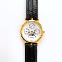 Load image into Gallery viewer, Very Rare Unisex 90s Gucci Moonphase Quartz Watch with Three Sub-Dials and Black Leather Strap
