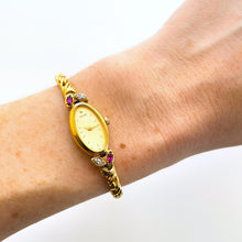 Load image into Gallery viewer, Very Rare 90s Gold-Plated Seiko Jewellery Quartz Watch with Tiny Dial, Thin Bracelet 2 Rubies and 2 Diamonds
