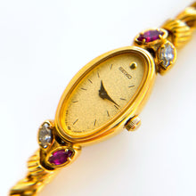 Load image into Gallery viewer, Very Rare 90s Gold-Plated Seiko Jewellery Quartz Watch with Tiny Dial, Thin Bracelet 2 Rubies and 2 Diamonds
