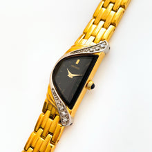 Load image into Gallery viewer, Extremely Rare Vintage 1990s 18ct Gold-Plated Ladies&#39; Seiko Half Moon Quartz Watch With Black Asymmetrical Dial and Genuine Diamonds
