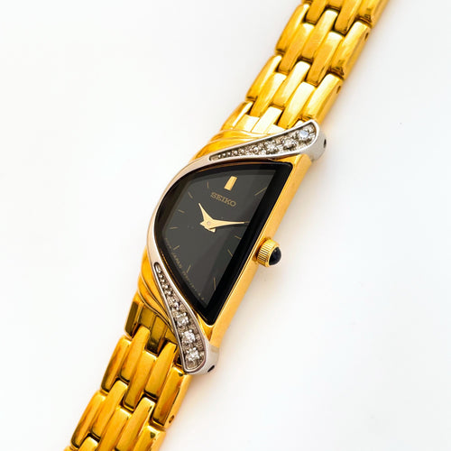 Extremely Rare Vintage 1990s 18ct Gold-Plated Ladies' Seiko Half Moon Quartz Watch With Black Asymmetrical Dial and Genuine Diamonds