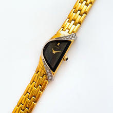 Load image into Gallery viewer, Extremely Rare Vintage 1990s 18ct Gold-Plated Ladies&#39; Seiko Half Moon Quartz Watch With Black Asymmetrical Dial and Genuine Diamonds
