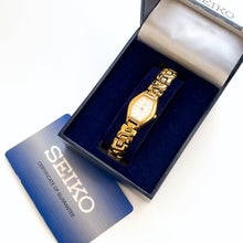 Load image into Gallery viewer, Vintage 1990s Gold-Plated Ladies&#39; Seiko Quartz Watch with White Dial and Intricate Bracelet - Boxed
