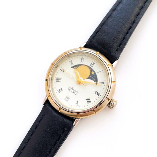 Vintage Ladies' Namaste Moon Phase Quartz Watch with Black Leather Strap