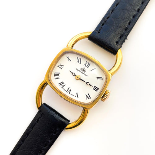 Rare Vintage Gold-Plated Bucherer Mechanical Dress Watch with Black Leather Strap