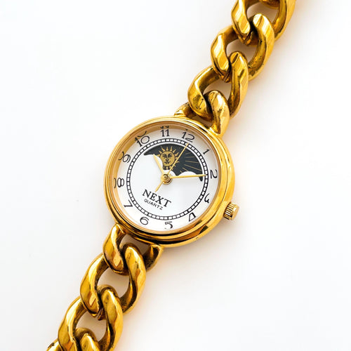 Vintage Ladies' Gold-Plated Next Sun & Moon Quartz Watch with Curb Chain Bracelet