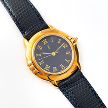 Load image into Gallery viewer, Vintage 90s Gold-Plated Yves Saint Laurent Unisex Quartz Watch with Navy Blue Dial and Leather Strap - Boxed
