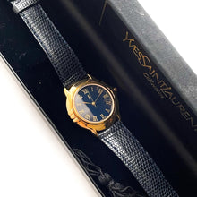 Load image into Gallery viewer, Vintage 90s Gold-Plated Yves Saint Laurent Unisex Quartz Watch with Navy Blue Dial and Leather Strap - Boxed
