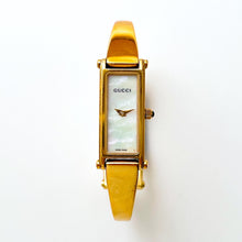 Load image into Gallery viewer, Vintage 1990s Ladies&#39; Gold-Plated Gucci 1500L Bangle Quartz Watch with Rectangular Mother of Pearl Dial - Boxed
