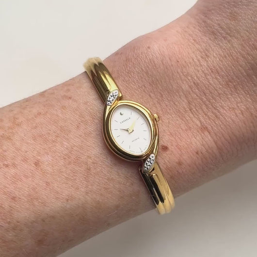 Very Rare 1990s Gold-Plated Lassale (Seiko) Articulated Bangle Quartz Watch with Mother of Pearl Dial and Diamond-Set Bezel