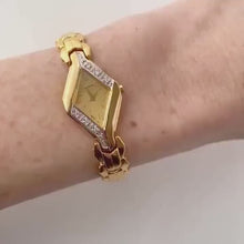 Load and play video in Gallery viewer, Very Rare 1995 Gold-Plated Asymmetrical Lassale (Seiko) Quartz Watch with Gold Dial and Diamond Set Bezel
