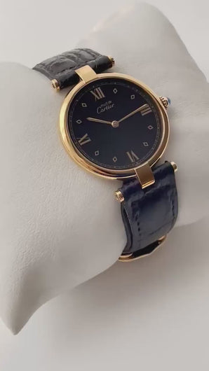 Cartier Must Vendome Vermeil - Gold-Plated Silver 925 with Black Dial and Leather Strap