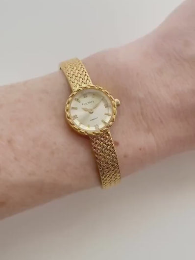 PRE-ORDER - Elegant 24k Gold-Plated Ladies' Quartz Watch with Small Round Dial and Faceted Glass