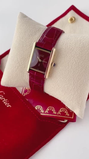 Vintage 1982 Cartier Tank Must Vermeil - Mechanical Movement - Gold-Plated Silver 925 with Burgundy Dial and Leather Strap