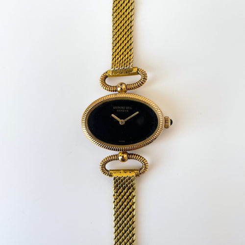 Gold-Plated Raymond Weil Mechanical Watch with Black Oval Dial