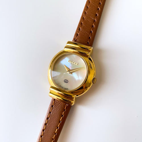 90s Mother of Pearl Gucci Watch with Gold Plated Case