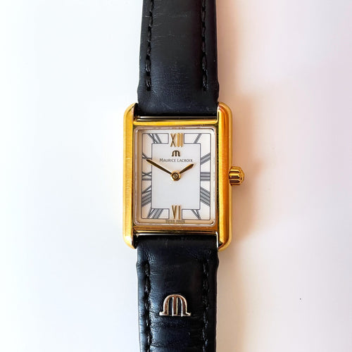 Ladies' Maurice Lacroix Tank Style Quartz Watch With Gold-Plated Case and Leather Strap