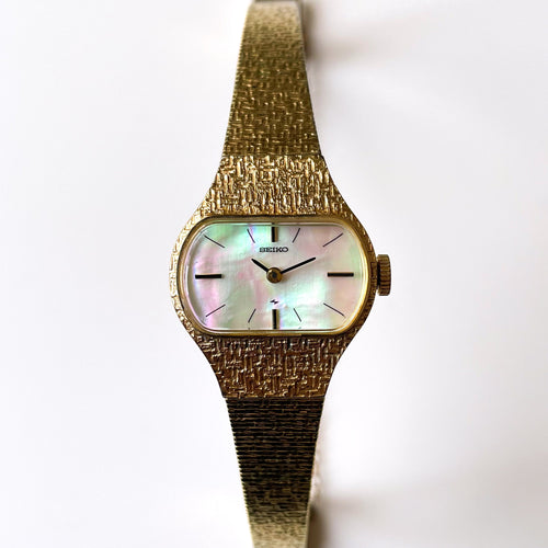 1975 Gold-Tone Seiko Mechanical Watch with Mother of Pearl Dial