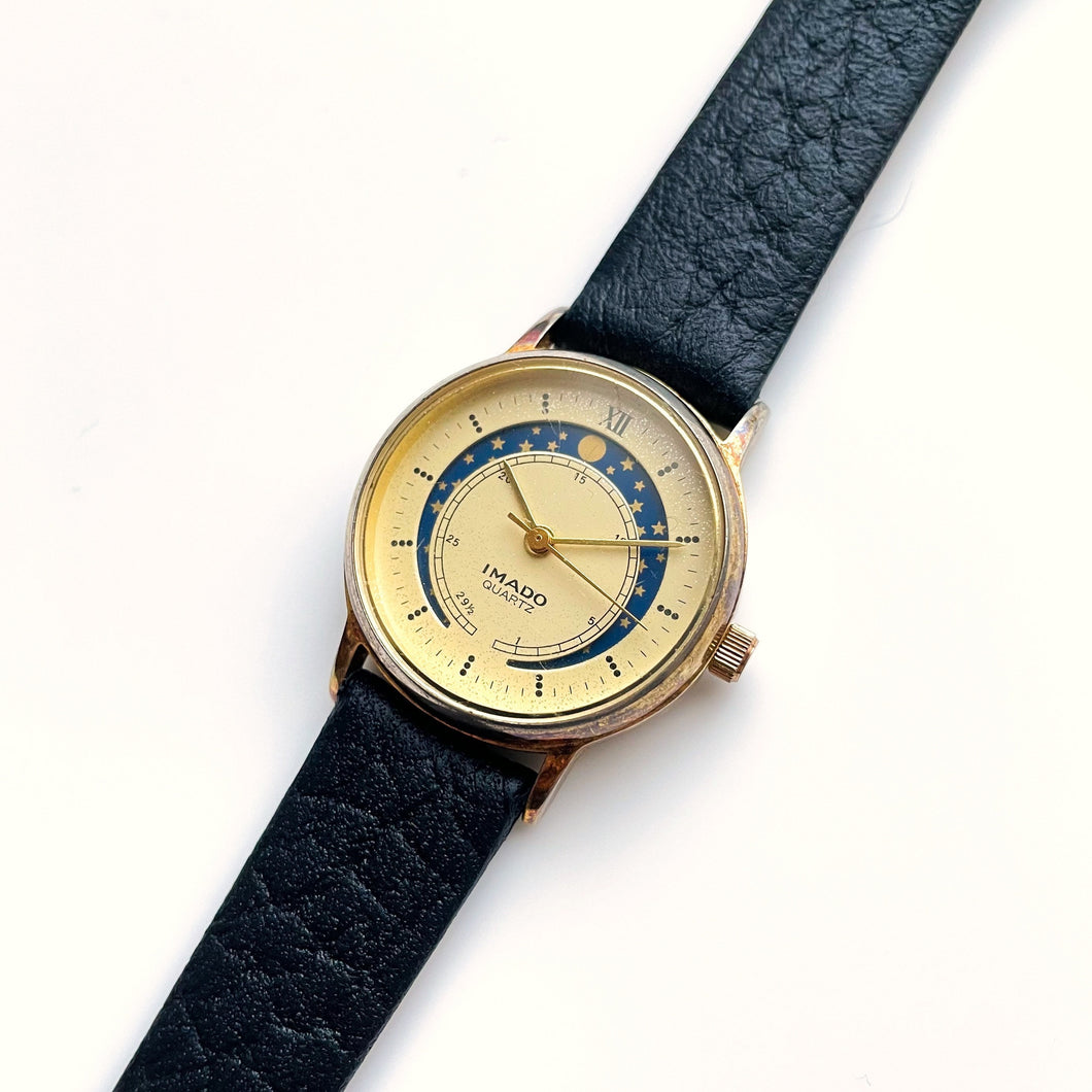 Vintage Ladies' Imado Moon Phase Watch with Black Leather Strap