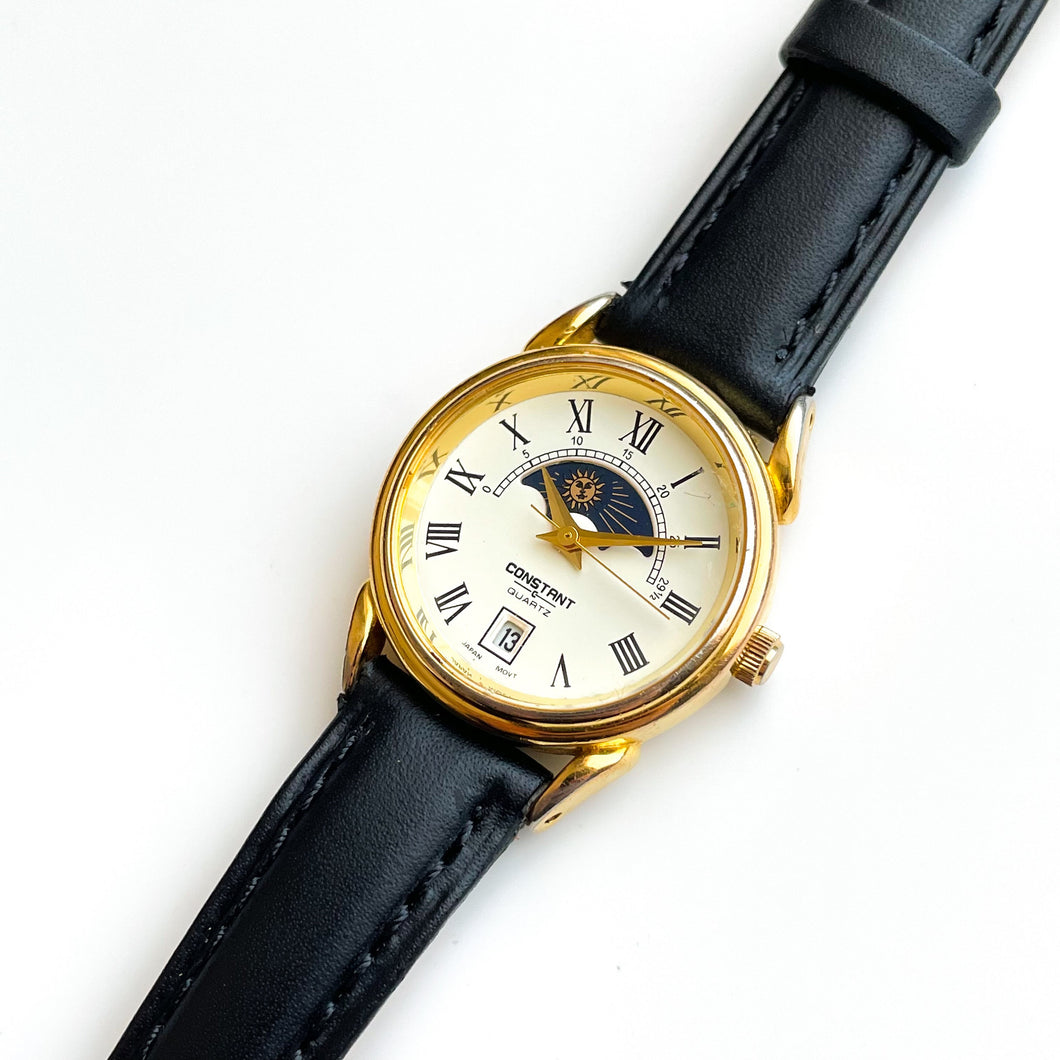 Vintage Constant Sun & Moon Phase Watch with Black Leather Strap