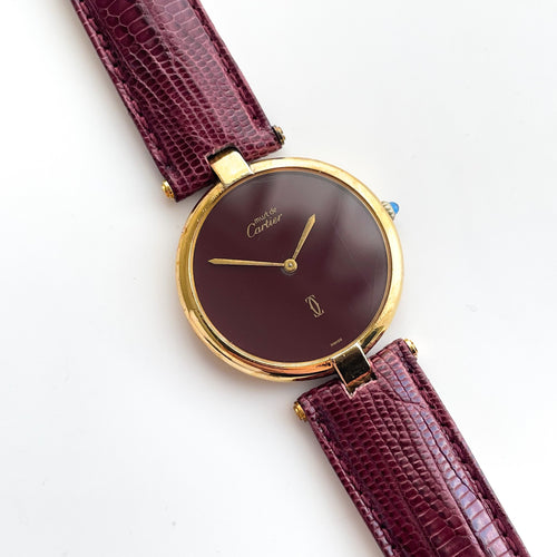 Vintage Cartier Must Vendôme Vermeil Large Quartz Watch - Gold-Plated Silver 925 with Burgundy Dial - Boxed