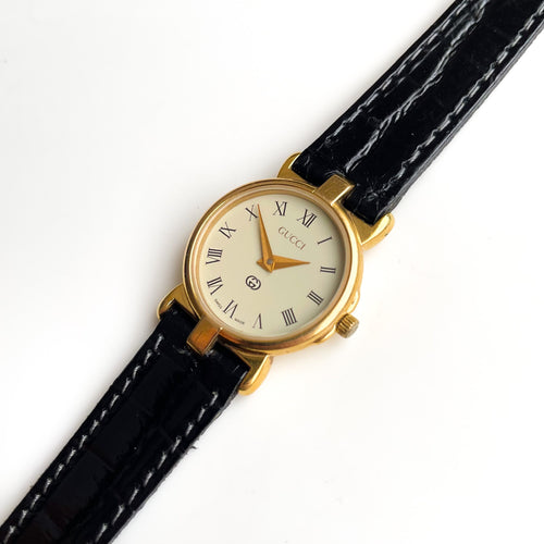 90s Gold-Plated Gucci Watch with Black Leather Strap