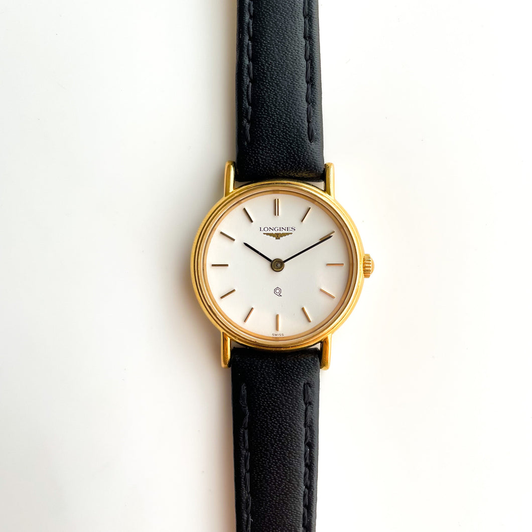 Vintage 1995 Ladies' Gold-Plated Longines Quartz Watch with Black Leather Strap