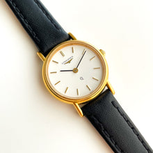 Load image into Gallery viewer, Vintage 1995 Ladies&#39; Gold-Plated Longines Quartz Watch with Black Leather Strap
