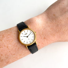 Load image into Gallery viewer, Vintage 1995 Ladies&#39; Gold-Plated Longines Quartz Watch with Black Leather Strap
